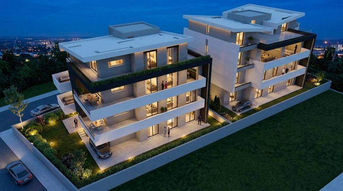 Συγκρότημα κατοικιών Ηλία Βενέζη, Ρόδος — εναέρια άποψη την ώρα του μπλε | Ilia Venezi residential complex, Rhodes — aerial view at blue hour